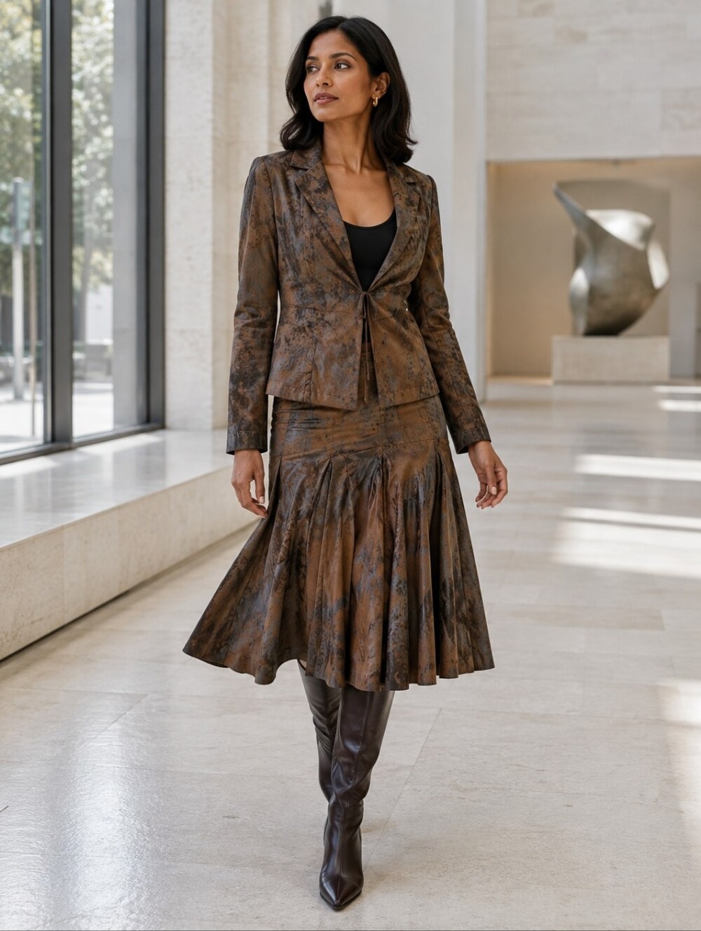 Vintage Bali Canada Brown Faux Suede Godet Skirt Suit Set 8 12